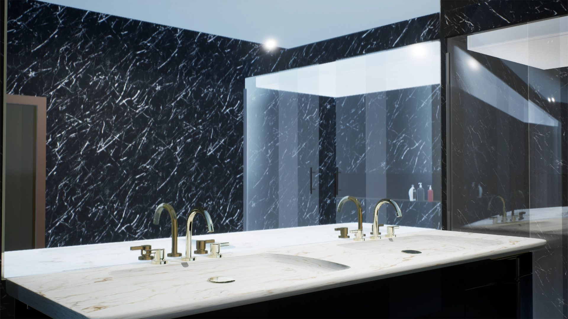 Vista di un bagno in marmo scuro in contrasto con dettagli bianco e oro, che da su due lavandini su unico piano con specchio a parete che mostra un ampio box doccia vetrato