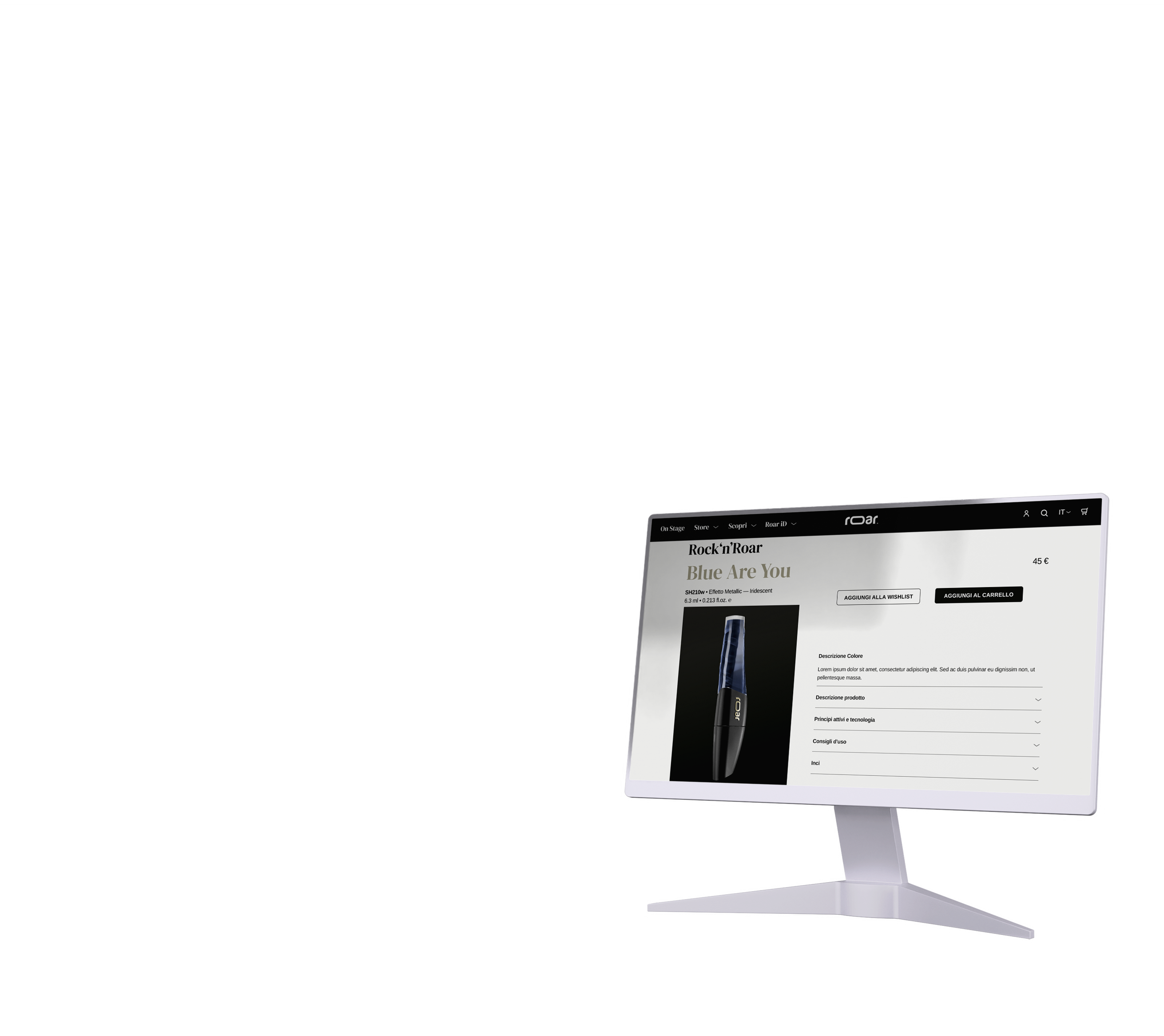 Pagina prodotto del sito roar cosmetics mockup con schermo monitor