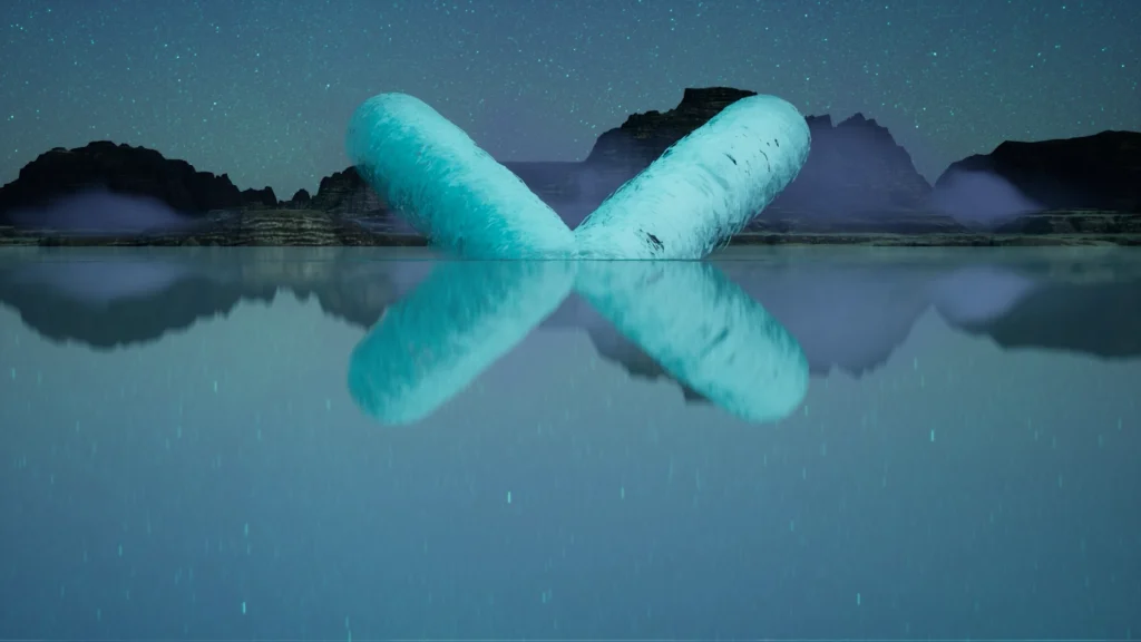 Render 3D di due oggetti voluminosi simili a ghiacciai i cui bordi sono rotondi che risalgono dal livello dell'acqua di un lago in un paesaggio semi montano