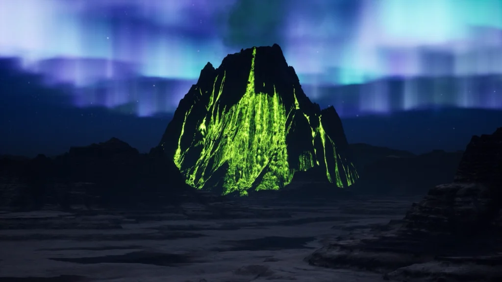 Render di una montagna durante un'eruzione di colore verde sovrastata da un'aurora boreale