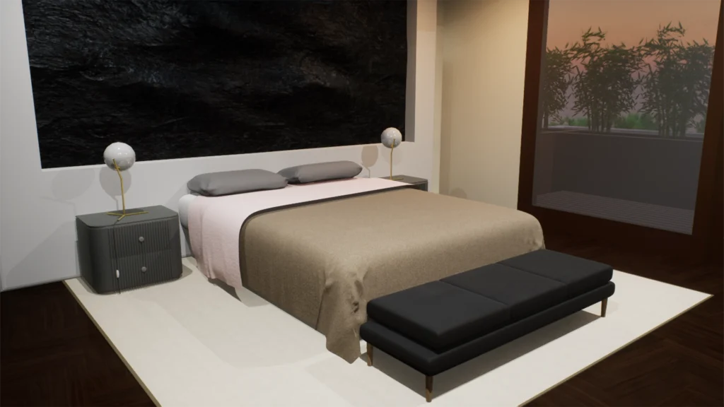 Render 3D di una stanza da letto, con letto matrimoniale dietro un tavolino, e accostato da due comodini con lampade sferiche