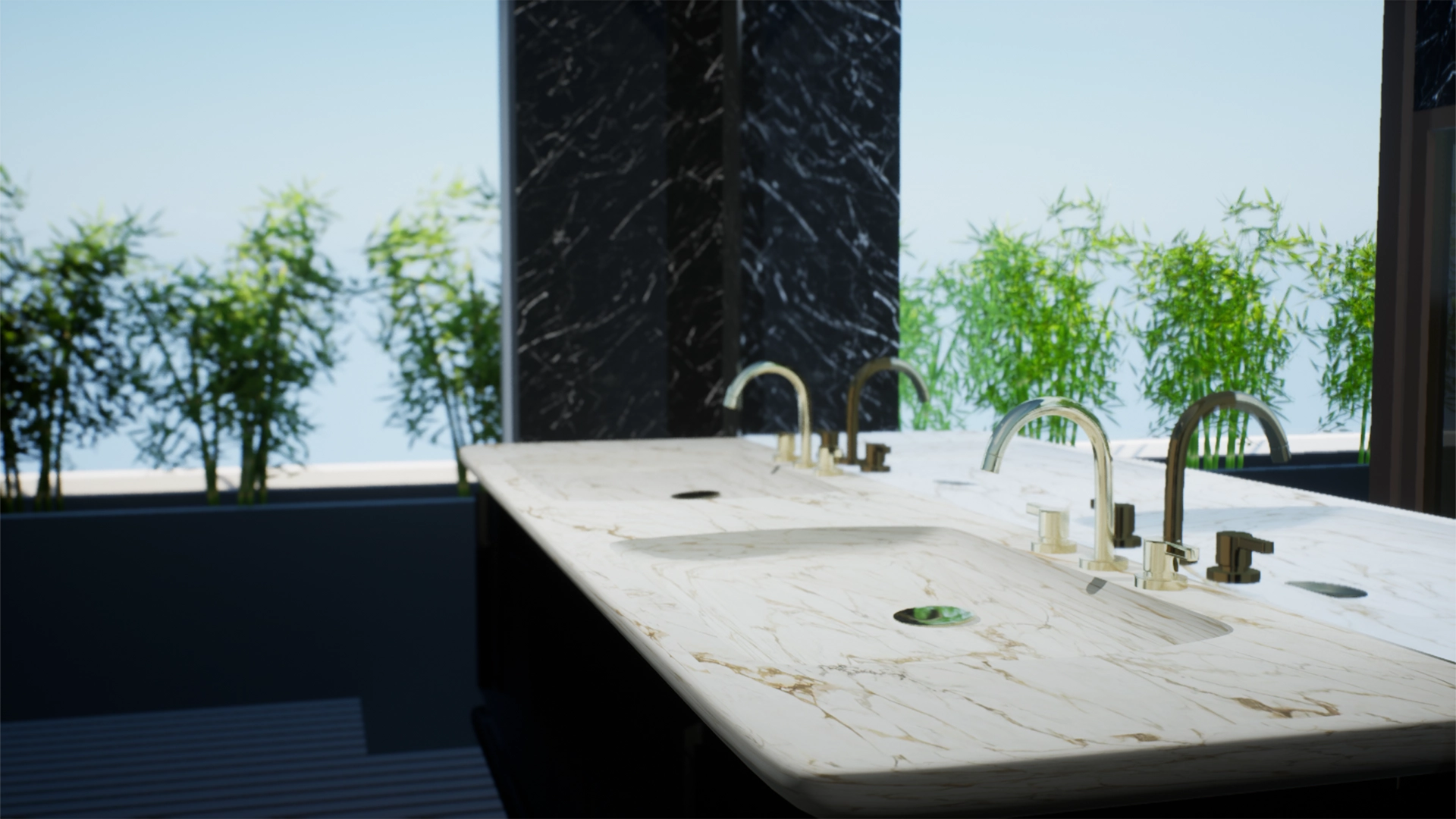 Render 3D di un bagno, in vista due lavandini sullo stesso piano in marmo, uno specchio che riflette una finestra su cui sono appoggiate delle piante esotiche