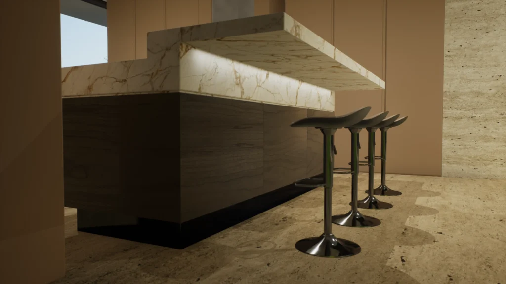 Render 3D dettaglio dell'isola con tavola in marmo, utilizzabile come zona ristoro, e dei 4 sgabelli sottostanti